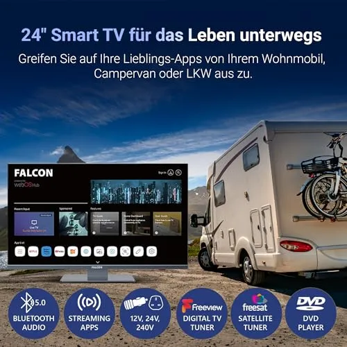 Falcon 24 inch TV WebOS SMART TV WiFi Camping – 12V/24V, Integrated DVD Player, Bluetooth 5.0, USB, Streaming, Freeview, Netflix, Prime Video, Pitch Perfect Television for Campervan, Motorhome IPTV