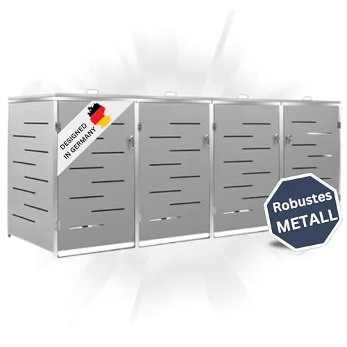 DELUKE 4er Mülltonnenbox JAGU - Edelstahl Grau, praktische und rostfreie Müllverkleidung mit gutem Luftzirkulationsdesign und Federsystem für einfachen Zugang