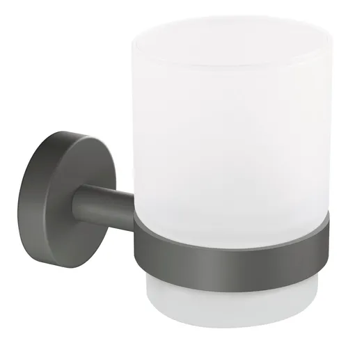 tesa Moon Grey Zahnputzbecher aus satiniertem Glas - Zahnbürstenhalter im modernen Industrial Style, bohrfrei mit einfacher Klebelösung für mühelose Montage ohne Schmutz.