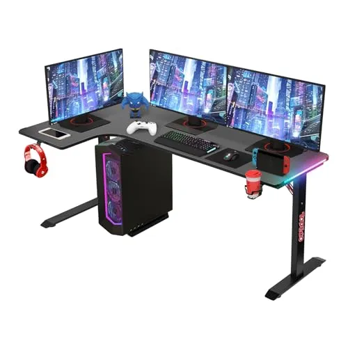 Todeco L-förmiger Gaming-Computertisch mit LED-Leuchten, Eckschreibtisch 160 x 100cm Gaming Schreibtisch, PC Tisch Gaming mit Kohlefaseroberfläche, mit Kopfhörerhaken Getränkehalter