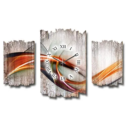 Kreative Feder Dreiteilige Designer-Wanduhr Moderne Welle Shabby-Chic Landhaus-Stil Quarzuhr leise ohne Ticken 95x60cm aus Holz (Moderne Welle, leises Quarzuhrwerk)