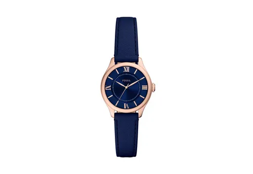 FOSSIL Damen Analog Quarz Uhr ES5424 - Elegante Armbanduhr mit roségoldenem Edelstahlgehäuse und blauem Echtlederarmband, wasserdicht bis 50 m – ideal für stilbewusste Damen.
