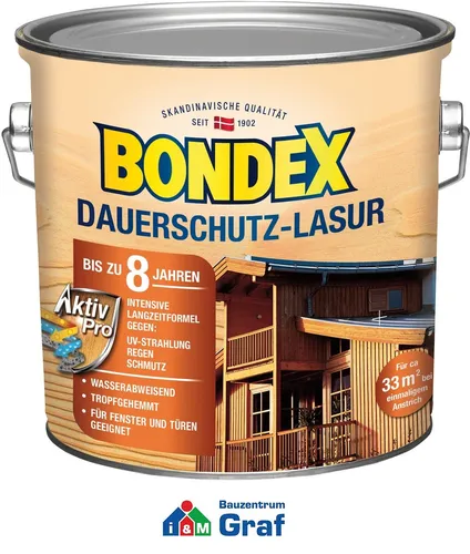 Bondex Holzlasur Dauerschutz-Lasur 2,5l - Wetterfest in Grau - Lacke für außen, lösemittelhaltige Lasur mit bis zu 8 Jahren Intensivschutz gegen Witterungseinflüsse. Ideal für Fenster & Türen, betont die Holzmaserung und lässt das Holz atmen.