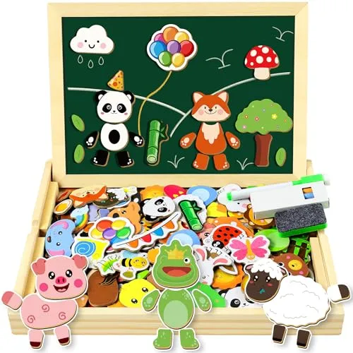 COOLJOY Magnetisches Holzpuzzle 120+ Stück, Puzzle ab 3, Doppelseitige Magnettafel,Montessori Spielzeug Ab 2 3 Jahre, Magnetspiel, Halloween Christmas Geschenk Ab 2 3 Jahre Mädchen Und Jungen