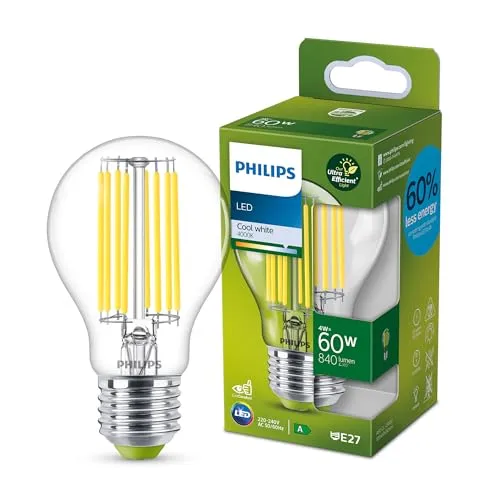 Philips Ultra Efficient – Ultra-energiesparende Lampe, LED-Lichtquelle, 60 W, A60, E27, kaltweiß, klar, 1er Pack