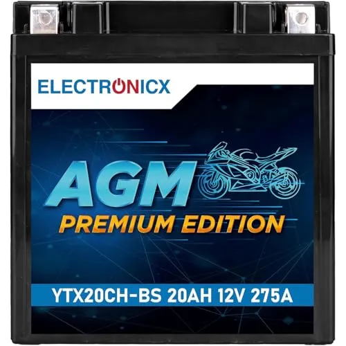 Electronicx AGM Motorradbatterie 12V 20Ah 275A – wartungsfrei, versiegelt, vibrationsfest. Kompakte Bauweise, starke Startkraft, lange Lebensdauer. Perfekte Gel-Alternative für Roller, Quad und ATV.