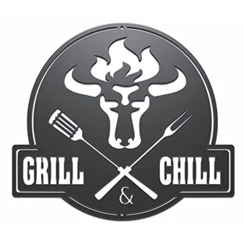 tuning-art GC02 Grill Schild | Bulle + Grill & Chill Gartenschild | Stahl Massiv | Schwarz