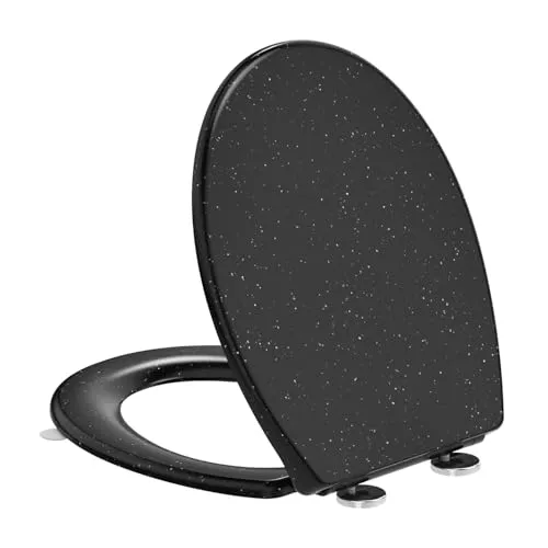 YEAUPE PRO Toilettendeckel mit Absenkautomatik, WC Sitz UV-beständig, klodeckel mit Quick-Release-Funktion Klobrille, 150 kg belastbar, Urea-Duroplast, Schwarzer Marmor, 44,6 * 37,2 * 5,2CM
