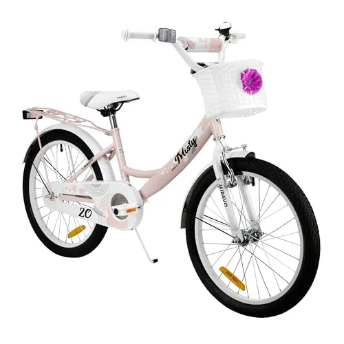 MIRAVO Kinderfahrrad Fahrrad Kinder Ab 5 Bis 8 Jahre Mit Abnehmbarer Schubstange V-Brake Bremsen Rückstrahl Aufkleber 20 Zoll Radgröße Korb Für Mädchen Misty Pink