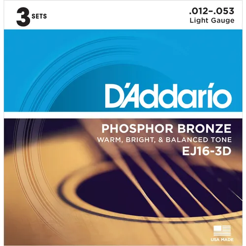 D'Addario A-Git.Saiten EJ16-3D 12-53 - Gitarrensaiten aus Phosphor Bronze, die für ihren klaren, transparenten Ton und hohe Brillanz bekannt sind. Ideal für leidenschaftliche Spieler, die Langlebigkeit und Klangqualität schätzen. 3er-Pack!