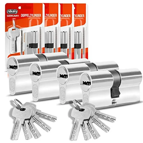 GERCAR Profilzylinder 35/35 Doppelzylinder - 4er Set mit 10 Schlüsseln - Schließzylinder für Innen- und Außenbereich, Sicherheitsklasse 2, einfache Montage und gleichschließend. Ideal für alle Türtypen, inklusive 10 Schlüssel für maximalen Komfort.