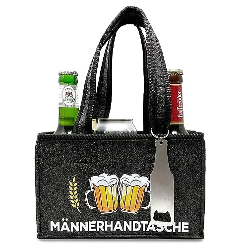 Witzige Männerhandtasche mit Flaschenöffner | Tragetasche aus Hochwertigem Filz für 6 Bierflaschen | Bier Herrenhandtasche in Grau
