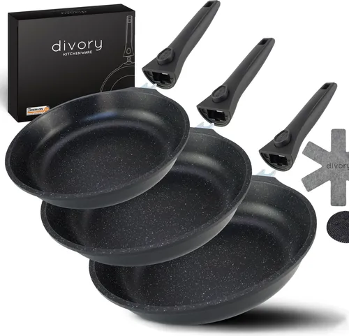 DIVORY Pfannenset 20, 24, 28 cm - Abnehmbarer Griff und Antihaftbeschichtung - Pfannen für alle Herdarten, inklusive Induktion. Die langlebige Antihaftbeschichtung sorgt für müheloses Braten ohne Anbrennen und ist spülmaschinengeeignet.