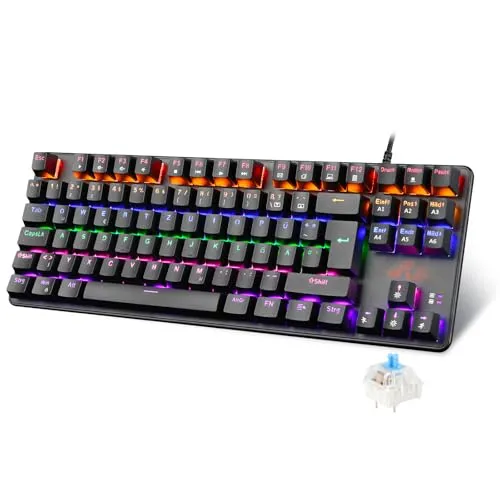 Rii Mechanische Gaming Tastatur TKL mit Blaue Schalter - Tastatur für Gamer mit 88 Tasten, Anti-Ghosting und 22 Hintergrundbeleuchtungsmodi für ein optimales Spielerlebnis. Ergonomisches Design für komfortables Tippen.