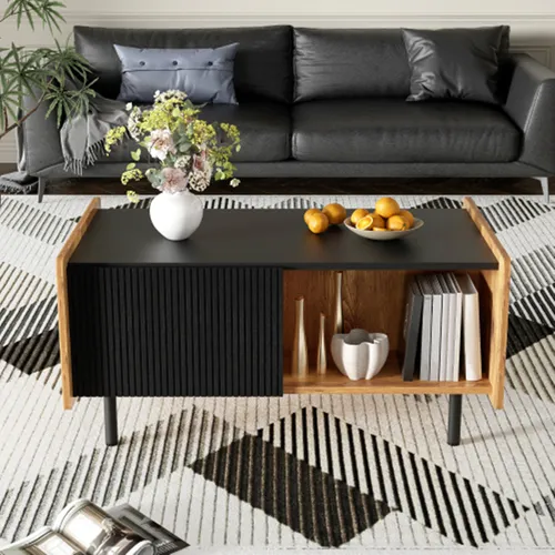 Moderner Couchtisch mit Stauraum – 90 cm - Eleganter Couchtisch in Schwarz und Holzoptik mit zwei offenen Fächern und zwei Türen. Ideal für einen aufgeräumten Wohnraum. Langlebig und stabil für den täglichen Gebrauch.
