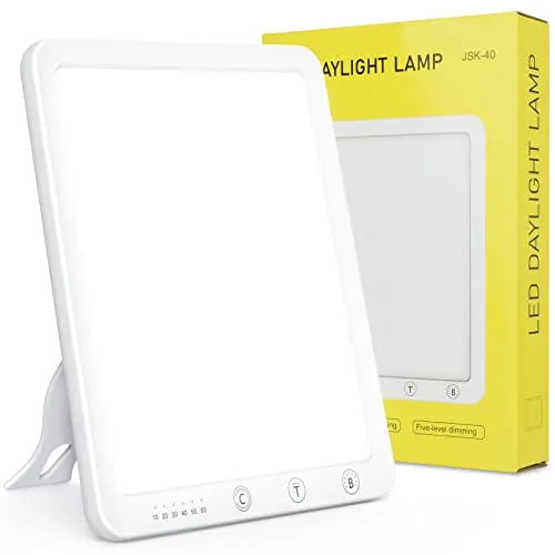 Husgw Tageslichtlampe 10000 Lux, Tageslichtleuchte mit Memory Funktion, 6 Timer, 3 Lichtfarben, LED Sonnenlicht Daylight Lampe mit Stufenlosem Dimmer, 90° Halterung, UV-frei Vollspektrumlampe