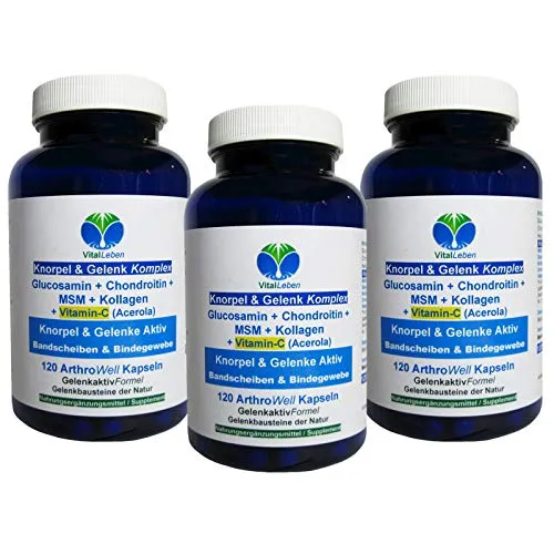 Knorpel & Gelenke Komplex + Vitamin-C 360 (3x120) ArthroWell Gelenk-Kapseln – Natürliche Gelenkbausteine Glucosamin + Chondroitin + MSM + Kollagen. 26442-3
