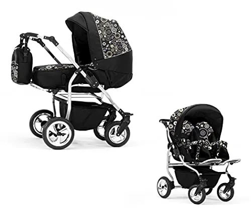 Elcar Zwillingskinderwagen 2 in 1 Duo Twin inkl. Sportsitze - 11 Teile - Schwarz-gelbes Dekor