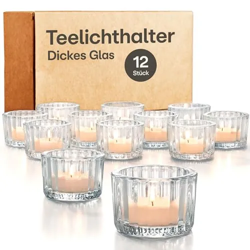 Praknu 12 Teelichthalter Glas Kerzenhalter Gold - Ø 5,5cm Elegante Teelichtgläser als Tischdekoration Hochzeit oder Geburtstagsfeie