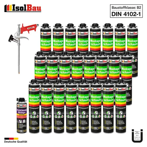 Pistolenschaum Montageschaum 24x750ml Set mit Reiniger und Schaumpistole - Dichtstoffe & Fugenmittel, ideal für Abdichten und Dämmen mit hoher Resistenz gegen Schimmel und Pilzbefall, schnelle Aushärtung in 24 Stunden für effiziente Montagen.