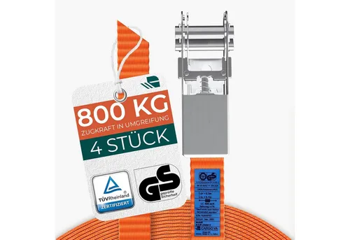CargoVA® Spanngurt Robuste 800kg Spanngurte [4er Set] - TÜV/GS Zertifiziert & DIN (Spanngurt-Set, 4er Set) DIN EN 12195-2 konform, 25 mm Breite