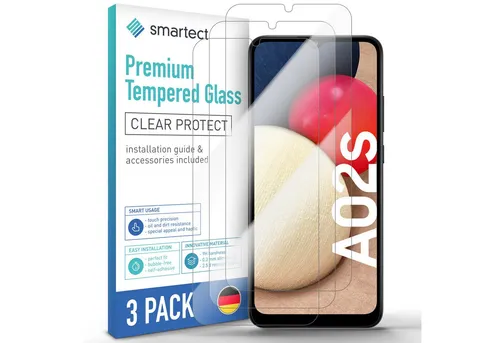 smartect Displayschutzglas Schutzglas Panzerfolie Klar für Galaxy A02s/ A03s, Set, 3 Stück, Schutzfolie Glasschutz Bildschirm