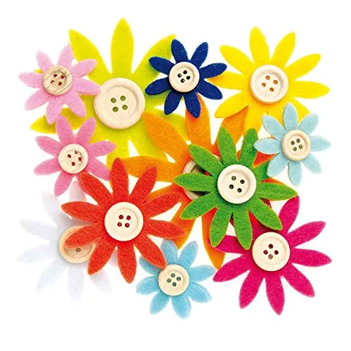 Glorex 6 7101 335 - Filzblumen mit Holzknöpfen, 12 Stück, bunt sortiert in verschiedenen Größen von ca. 3,5 - 7 cm, zum Basteln und Dekorieren