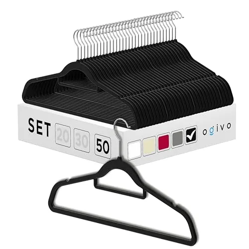 OGIVO Samt Kleiderbügel - 50er Set - rutschfest Bügel für Ihren Garderobe - kleine Stange für Krawatten - Haken um 360° drehbar - Einkerbungen im Schulterbereich - Hangers Clothes (Schwarz)