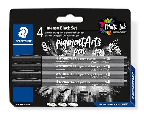STAEDTLER pigment brush intense black Set, unterschiedliche Brush, Soft Brush, Kalligraphie und Outliner Spitzen, intensives schwarz, wasserfest, 4 pigment pens auf Blisterkarte, 37 BK4-99