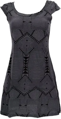 GURU SHOP Ethno Minikleid, Goakleid mit Ärmelchen - Grau, Damen, Size:S - Stylisches Ethno Minikleid mit kleinen Ärmelchen und weitem Rundhals-Ausschnitt. Das elastische Material sorgt für eine bequeme Passform und ist ideal für entspannte Tage.