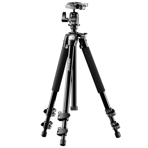 Mantona Basic Scout Fotostativ – Kompaktes Stativ bis 144cm - Stativ für DSLR Kameras, ideal für Reisen und Outdoor Fotografie. Mit robustem Kugelkopf und umkehrbarer Mittelsäule für bodennahe Aufnahmen.