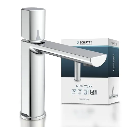 Schütte 33610 NEW YORK Waschtischarmatur - Touch-On-Wasserhähne für Badezimmerwaschbecken, elegante Chromoberfläche und praktische Ablaufgarnitur mit Pop-Up Ventil für komfortable Nutzung.