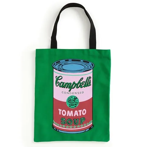 Warhol Soup Can Canvas Tote Bag - Green - Damen-Shopper aus grünem Leinen mit ikonischem Warhol-Suppendosen-Design, perfekt für stilvolle Einkäufe und Alltag.