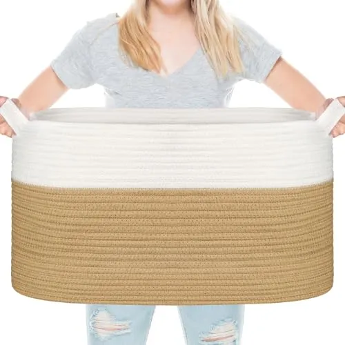Vikcvcsc Aufbewahrungskorb, 65L Wäschekorb Geflochtener Wäschekorb Geflochten aus Baumwolle mit Griffen,Korb für Decken, Baby Spielzeug, Korb Aufbewahrung, Aufbewahrungskorb Kinder(Weiß und Braun)