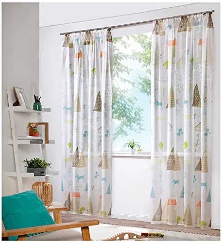 heimtexland ® Vorhang Kindergardine Skandi Leinen Optik Natur Bunt Deko Gardine Kinderzimmer Transparent Typ755 Bandschal HxB 225x135 cm