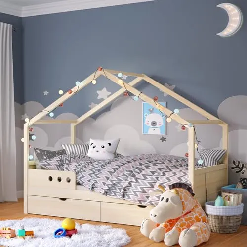 Bellabino Hausbett Bela - Kinderbett 90x200 cm mit Rausfallschutz - Abenteuerbett aus Kiefer Massivholz mit großer Schublade für zusätzlichen Stauraum, ideal für Kinder ab 3 Jahren und bis 100 kg belastbar.