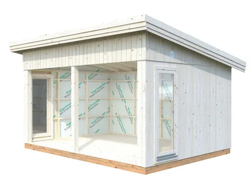 Nordic-Haus Annabel 13,4 m2 - Modernes Gartenhaus aus unbehandelter nordischer Fichte, ideal zur Selbstmontage. Mit 88 mm Wandstärke und isolierten Schiebetüren für optimalen Komfort.