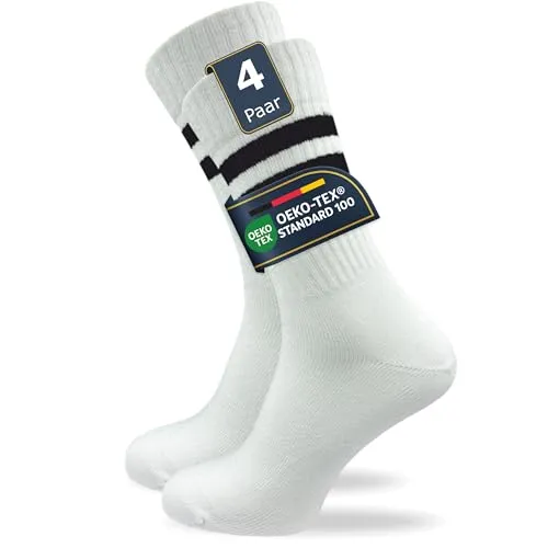 Tennissocken für Herren (4 Paar) | sehr hochwertige Sportsocken | Retro Socken mit verstärkter Ferse und Spitze (as3, numeric, numeric_39, numeric_42, regular, regular, weiß + Retro Ringel, 39-42)