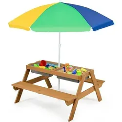 COSTWAY 3 in 1 Kinder Picknicktisch mit Sonnenschirm und Bänken – Vielseitige Holz Sitzgruppe für Kinder - 3-in-1 Kinder Picknicktisch aus hochwertigem Tannenholz mit abnehmbarer Tischplatte und 2 Spielboxen. Ideal für Sand- und Wassertisch oder als Essplatz. Mit verstellbarem Sonnenschirm für Spielspaß im Freien.