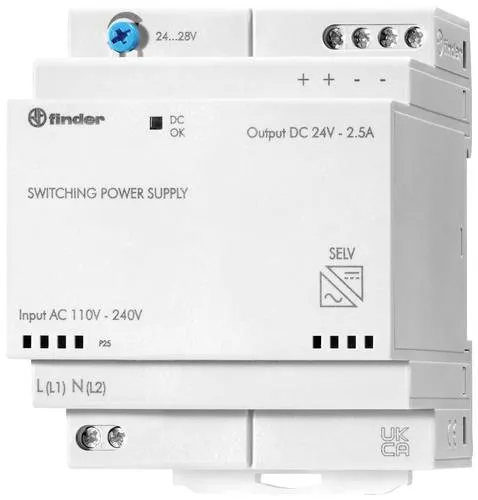 Finder 78.60.1.230.2402 Hutschienen-Netzteil 24 V DC - Industrielle Stromversorgung mit hocheffizientem Schaltnetzteil, ideal für SELV-Anwendungen, kompaktes Design und interner Thermoschutz für maximale Sicherheit.