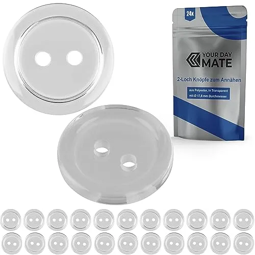 Knöpfe für Bekleidung, 24 Stück, 2-Loch, Ø 17,8 mm, Transparent, aus Polyester, Größe 28L, Harzknöpfe für Jacke, Mantel, Hemd, Poloshirt, DIY Knopf Kunstharz, Wäscheknöpfe, Basis Button, Bastelknöpfe