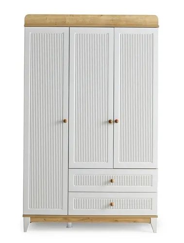 Modern Weißer Kleiderschrank aus Holz mit 3 Türen - Stylischer Kleiderschrank für das Jugendzimmer, 3 Türen und 2 Schubladen bieten viel Stauraum. Mit einer Höhe von 214 cm und einem modernen Design ist er der perfekte Begleiter für Ihr Schlafzimmer.