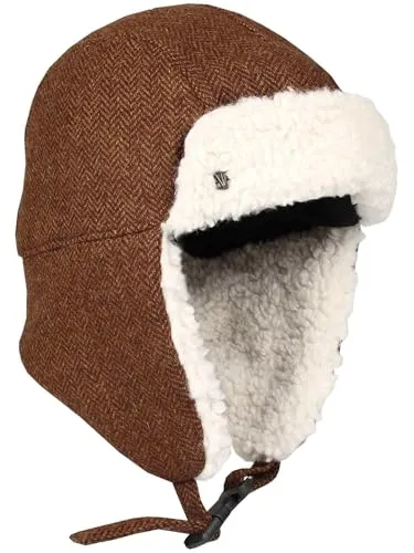 LOEVENICH Wintermütze mit Ohrenklappen | Fischgrät-Design | 100% Wolle | OneSize | Damen Winteraccessoire Chocolate