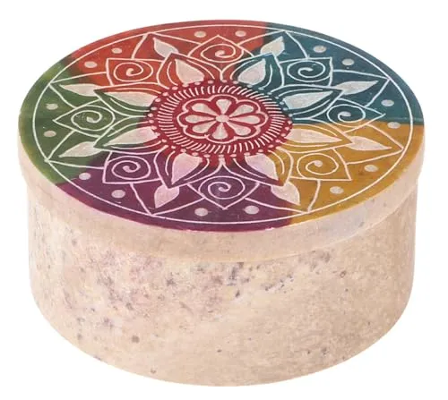 GURU SHOP Dose aus Speckstein, Schmuckdöschen Ø 7,5 cm - Blumenmandala