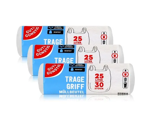 Gut & Günstig Müllbeutel Müllbeutel mit Tragegriff 25L, 90 Stück, reißfest, flüssigkeitsdicht, 3er Pack, 3 x 30 Stück