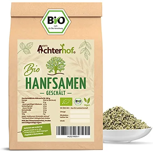 Hanfsamen geschält BIO 500g | nussiger Geschmack | proteinhaltige Hemp Seeds | Hanfnüsse aus kontrolliert biologischem Anbau | Biohanfsamen zum Kochen, Backen und zum pur Snacken | vom Achterhof