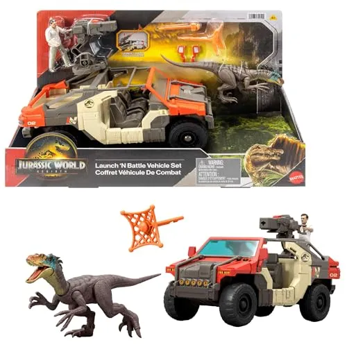 Mattel Jurassic World: Die Wiedergeburt – Launch ‘N Battle-Truck mit Martin Krebs und Velociraptor - Spielfigur Spielsets mit abnehmbarem Starter und 2 Projektile für spannende Abenteuer und realistischen Spielspaß!
