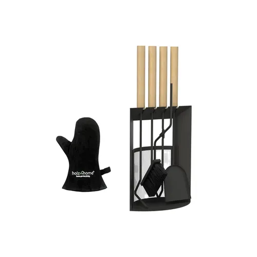 holz4home® 6-tlg. Kaminbesteck Schwarz - Aschesauger – Elegantes Kaminbesteck-Set mit schwarzen Metallwerkzeugen und stilvollen Holzgriffen, ideal für eine ansprechende Kaminpflege.