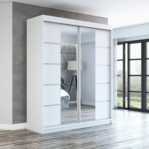 Schwebetürenschrank ERA 180 cm mit Spiegel - Moderner 2-türiger Schwebetürenschrank in Weiß, ausgestattet mit hochwertigem Schiebetürsystem für müheloses Öffnen. Ideal für optimale Raumnutzung und elegantes Design.