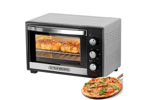 STEInBORG Mini Backofen 25 Liter | 3in1 Pizza-Ofen - Minibackofen mit 25 Litern, 1600 Watt, Ober- und Unterhitze sowie Konvektion. Ideal zum Backen, Toasten und Grillen – perfekt für schnelle, leckere Mahlzeiten!